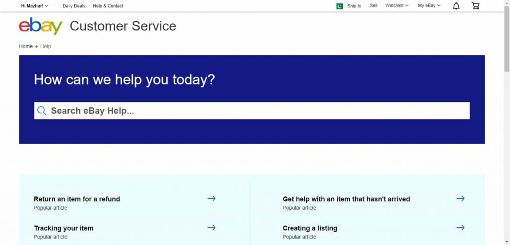 eBay Customer service Page