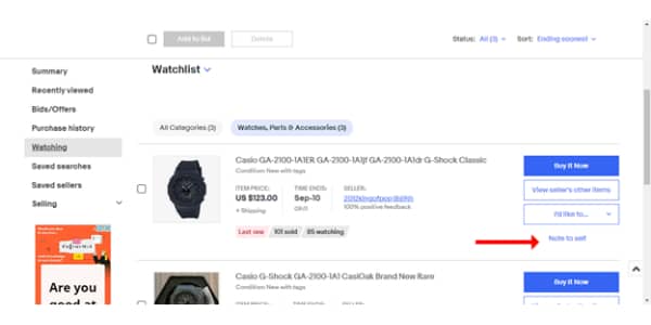 Add Notes to your eBay Watch list