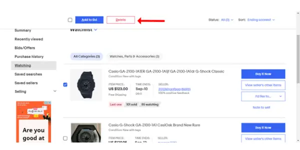 features of eBay Watch list
