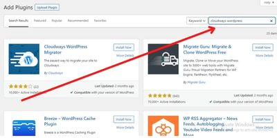 search for cloudways wordpress migrator plugin