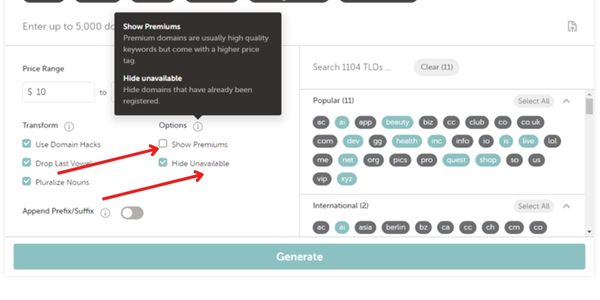 premiums & unavailable domain